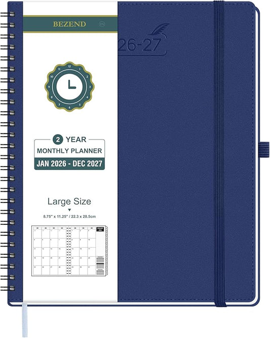 BEZEND Monthly Planner 2026-2027 (Spiral-8.5" x 11") 2 Year Calendar Book with Note Pages - Jan 26 to Dec 27-120 GSM Paper, Inner Pockets, Laminated Tabs, Vegan Leather Softcover - Blueberry