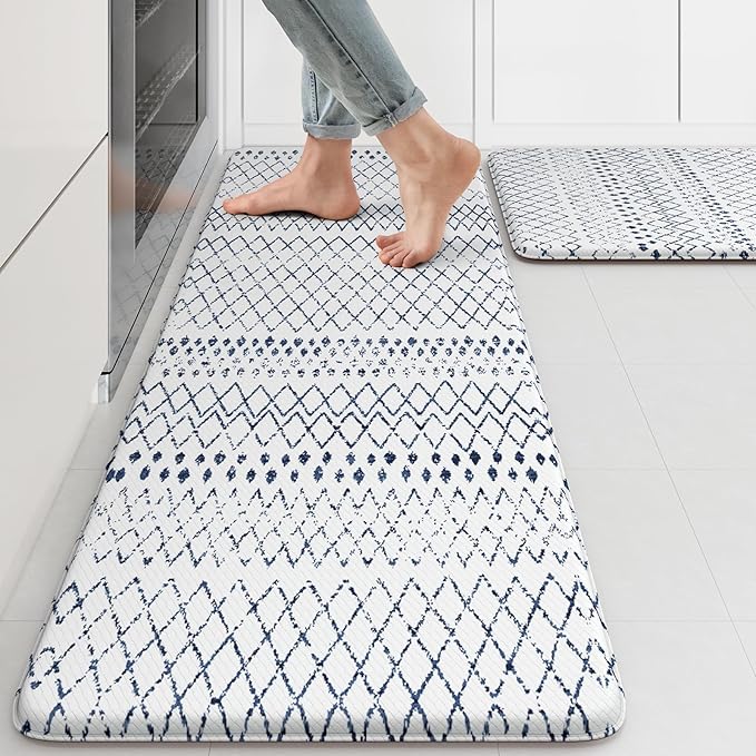 KIMODE Kitchen Mats 2PCS,Cushioned Anti Fatigue Boho Kitchen Rugs and Mats,Non Slip Waterproof Kitchen Mats for Floor,Comfort Foam Standing Desk Mat for Home,Office,Sink,Laundry,Blue and White
