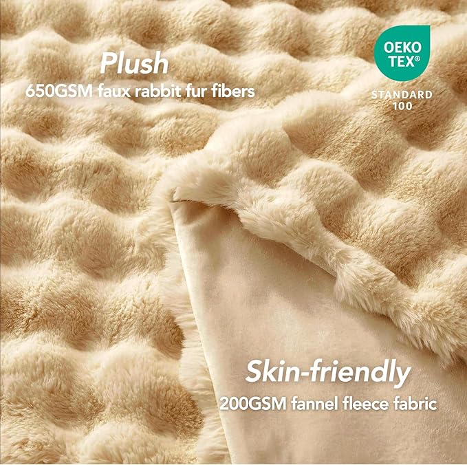 L'AGRATY Faux Rabbit Fur Blanket: 60" x 80" Twin Luxury Soft Fluffy Thick Fur Throw Blanket for Couch Bed - Cozy Plush Bubble Blankets for Winter: Flannel Fleece Decorative Blanket(Milk Tea Brown)