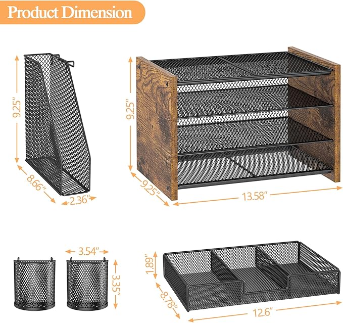 Wooden Desk Organizers and Accessories with File Holder, 4-Tier Paper File Organizer with Drawer & 2 Pen Holders, Office Desk Accessories, Desktop Organizer and Storage for Home Office