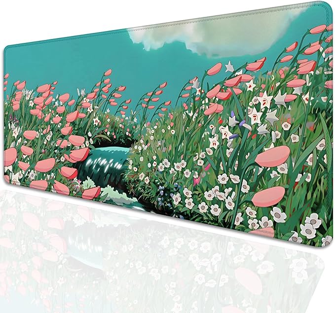 Anime Flowers in The River Extended Desk Pad Flowers Mouse Pad,Large Gaming Floral Mouse Mat with Stitched Edges,Non-Slip Rubber Base Mousepad for Office Computer Keyboard Laptop Home