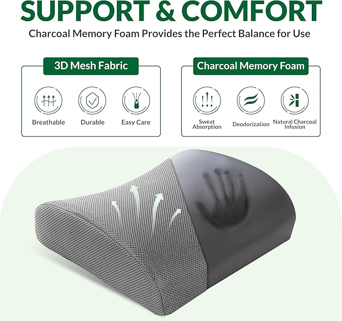 Lumbar Support Pillow for Office Chair and Car,Back Support for Office Chair,Charcoal Memory Foam Back Cushion with Breathable Mesh Cover,Double Adjustable Straps,Grey