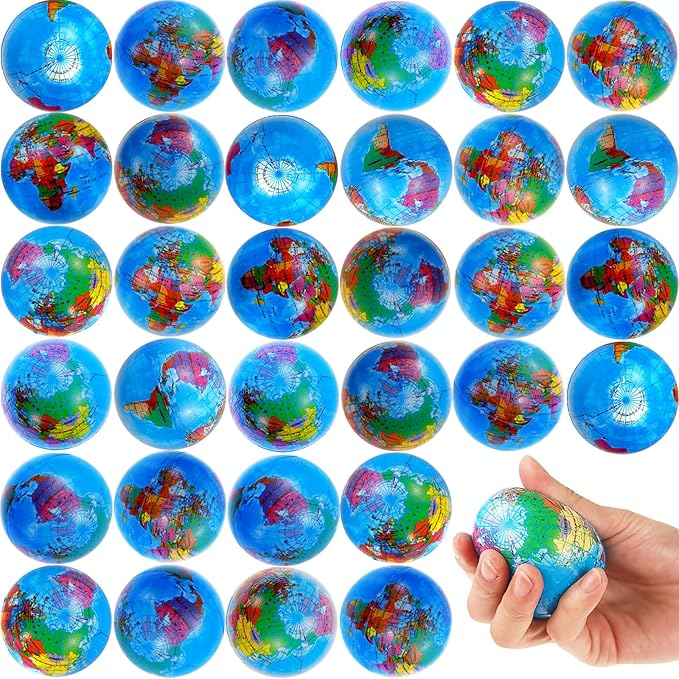 60 Pcs Globe Squeeze Balls Bulk,2.5 inch Earth Stress Relief Balls,Soft Foam Stress Ball Toy for Finger Exercise, Foam Squeezable Balls Classroom School Office Party Favors