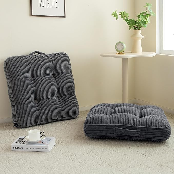 Washable Floor Pillow Cushion for Adults, Meditation Cushion Pillow, Large Square Floor Sitting, Removable Tufted Corduroy Cover, for Tatami Living Room or Yoga, 22x22 Inch, 2Pack, Machine Washable
