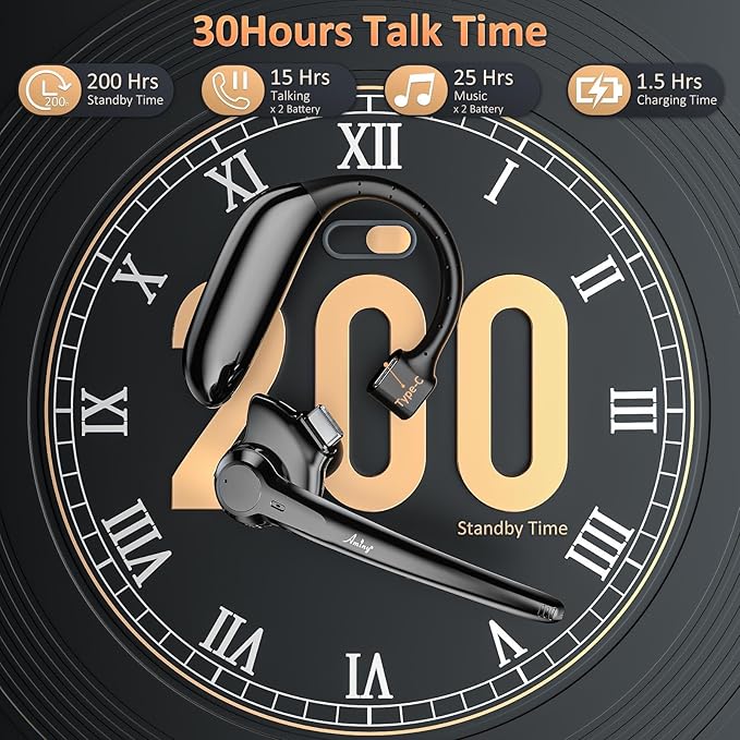 Wireless Bluetooth Headset with AI Noise Cancelling, 30Hrs Talk Time & Ultra Comfort - Hands-Free Earphones for Truck Drivers, Office, Home (V5.3)