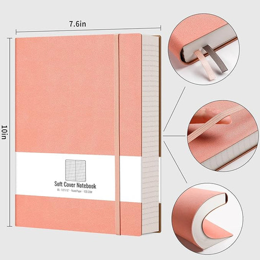 AHGXG Lined Journal Notebook - 320 Numbered Pages Large B5 Thick Journal for Women, 100gsm Thick College Ruled Paper, Faux Leather Softcover, for Work School, 7.6'' X 10''-Pink