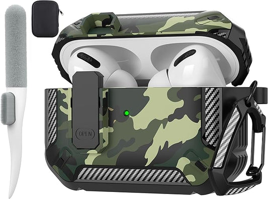 Maxjoy AirPods Pro 2nd/1st Generation Case Cover with Lock, AirPods Pro 2 Protective Case with Keychain Compatible with Apple AirPod Pro2 2023 USB C Cable 2022 Lightning Cable/ Pro1 2019, Green Camo