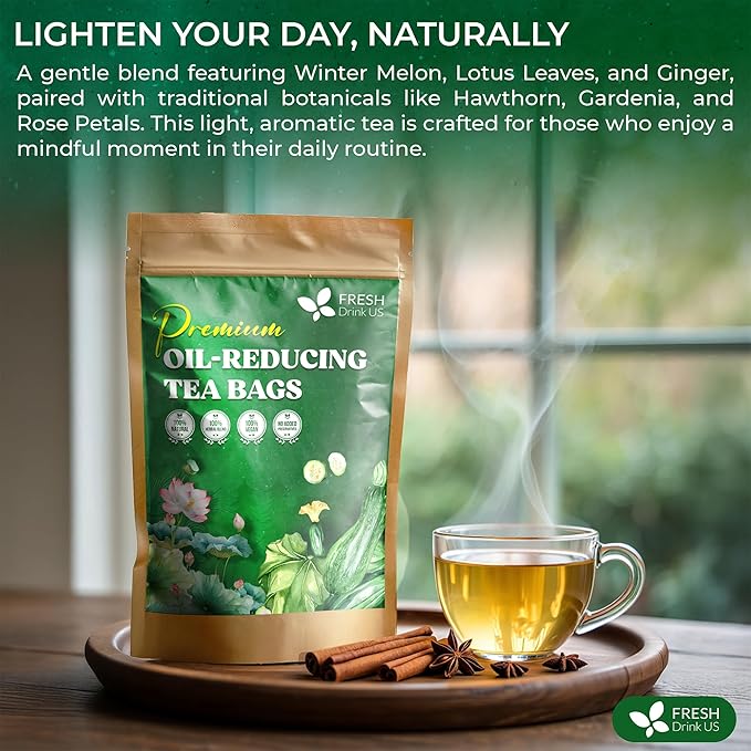 FreshDrinkUS, Oil-Reducing Herbal Tea – 10 Tea Bags | Blend of Winter Melon, Lotus Leaf, Ginger, Hawthorn, Gardenia Fruit, Rose, Cassia Seed & More | Naturally Caffeine-Free | Delicious Hot or Iced