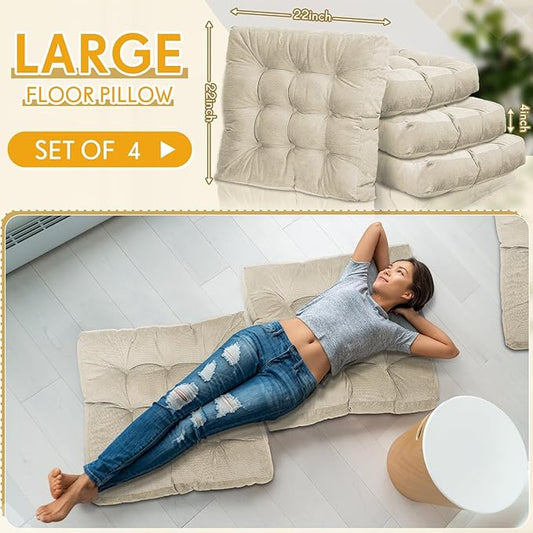 Jerify 4 Pcs Floor Pillow Cushions 22 x 22 Inch Round Square Large Meditation Floor Pillow for Classroom Adult Meditation Picnic Party Cushion for Seating Gift Christmas(Beige,Square)