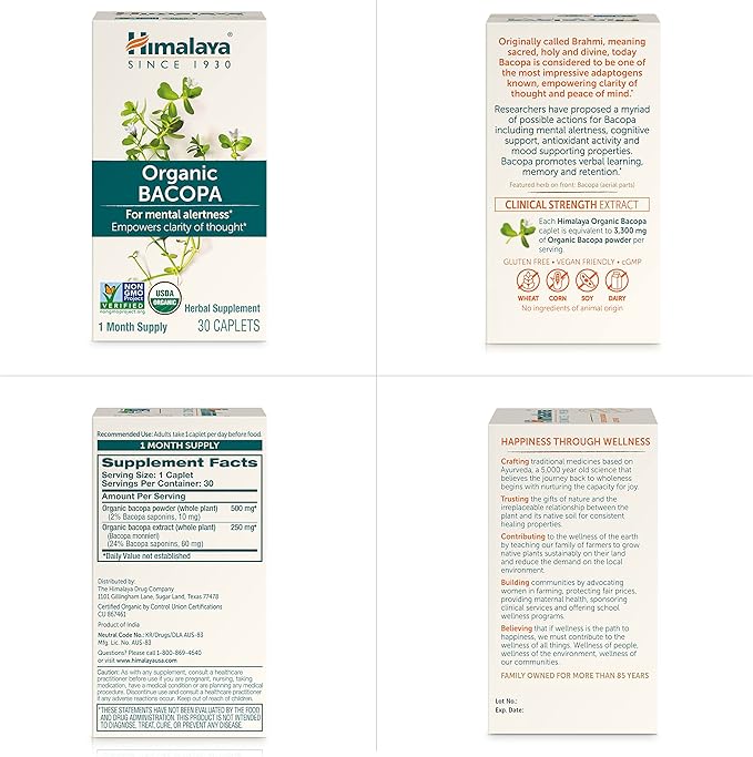 Himalaya Organic Bacopa - Bacopa Monnieri Herbal Brain Supplements for Memory and Focus Support - USDA Organic, Vegan, Non-GMO, Gluten Free, 750 mg, 30 Caplets