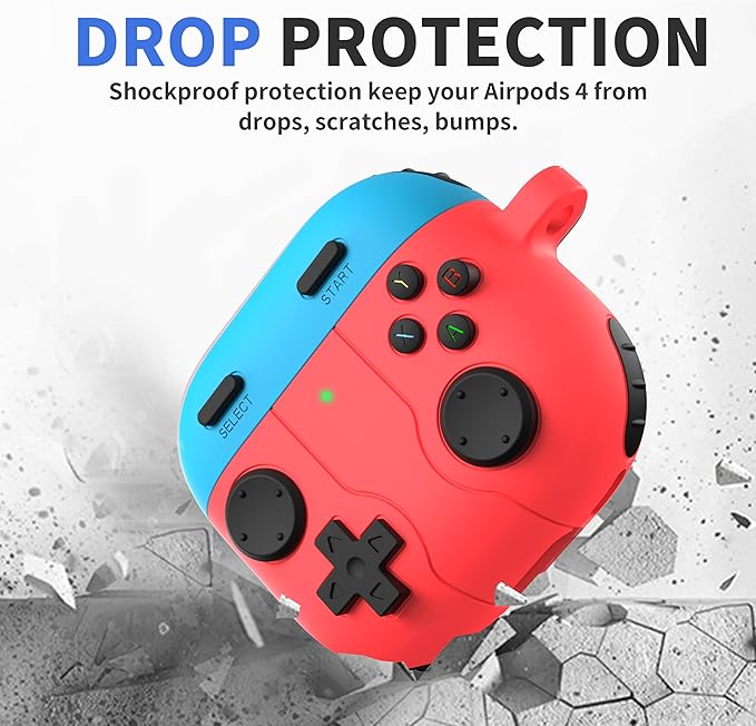 DamonLight Game Case for AirPods 4 Cover Shock-Proof Protective Silicone Case with Cleaning Pen and Keychain Accessories for Apple Airpods 4th Generation (Red & Blue)