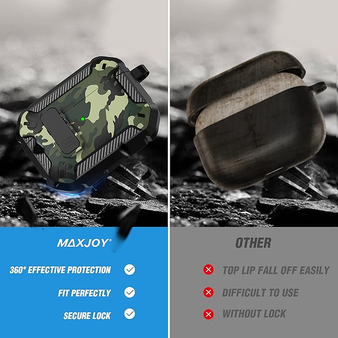 Maxjoy for AirPods Pro Case Cover with Lock, AirPods Pro 1st Generation Case for Men Military Rugged Protective Cover with Keychain Compatible with Apple AirPod Pros 2019 Front LED Visible, Green Camo