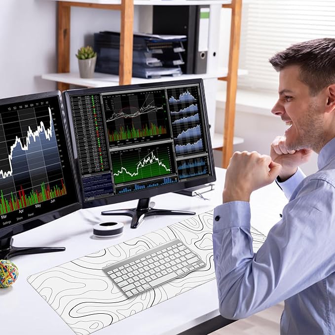 White Minimalist Topographic Map Mouse Pad - Contour Extended Large Stitch Edge Mousepad Black & White Non-Slip Gaming Desk Mat 31.5x11.8inch