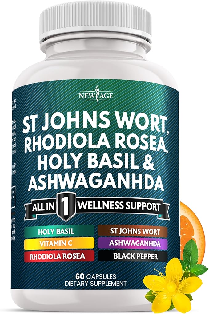 NEW AGE St Johns Wort, Rhodiola Rosea, Holy Basil, Ashwagandha - Support for Women and Men with Vitamin C & Black Pepper Extract - 60 Count