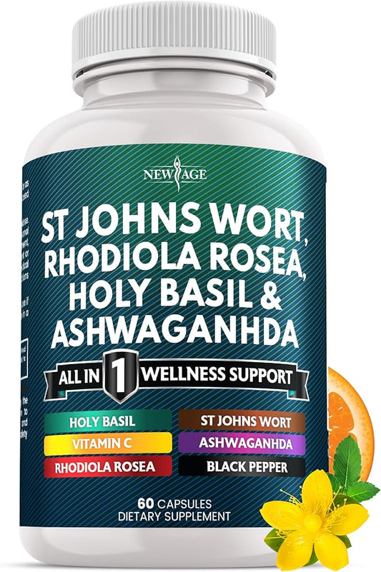 NEW AGE St Johns Wort, Rhodiola Rosea, Holy Basil, Ashwagandha - Support for Women and Men with Vitamin C & Black Pepper Extract - 60 Count