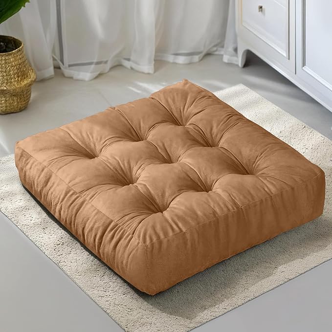 NEST & LOOM Floor Cushions - Large Square Tufted Floor Pillow, Meditation Cushion, Floor Chair Pillow for Seating & Lounging - Soft & Supportive, Brown - 21.65" x 21.65"