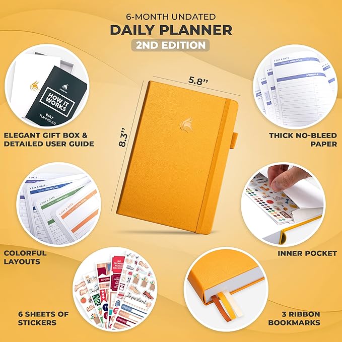 Clever Fox Daily Planner 2nd Edition – Undated Time Block Task Organizer with Hourly Schedule & to-do List – A5, 6 Months (Amber Yellow)