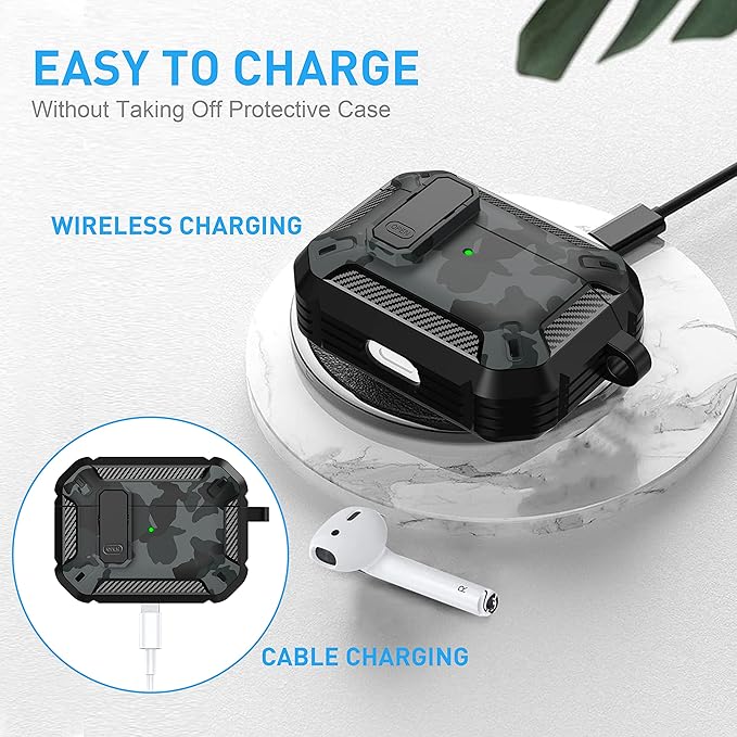 Maxjoy for AirPods Pro Case Cover with Lock, AirPods Pro 1st Generation Case for Men Military Rugged Protective Cover with Keychain Compatible with Apple AirPod Pros 2019 Front LED Visible, Gray Camo