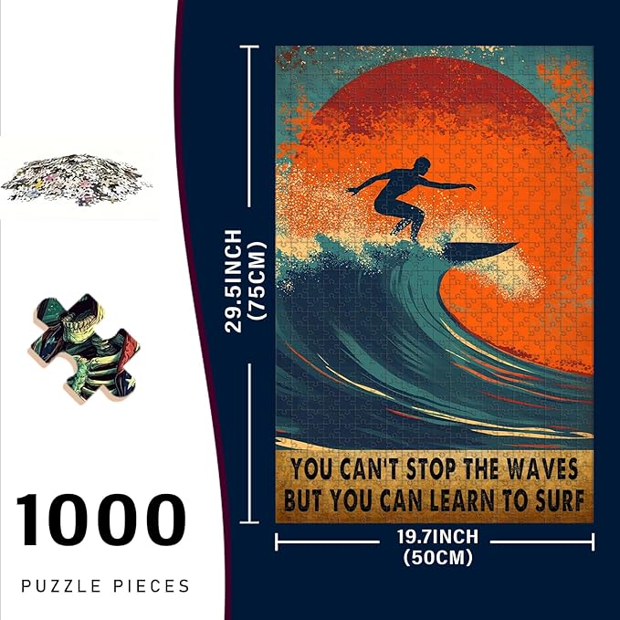 1000 Piece Adults Kids Jigsaw You Can't Stop The Waves But You Can Learn to Surf Kids & Parents Educational Travel Toy 29.5x19.7 Inch