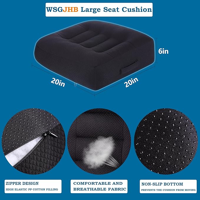 WSGJHB Large Seat Cushion, Extra Thick Booster Seat Cushions for Office Chairs Long Sitting Office Workers, Car Drivers, Relieves Back Pain, Breathable, Anti-Slip, 20x20x6 inchs, Black