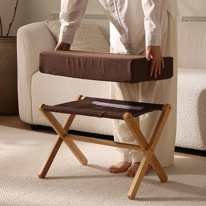 Folding Footrest Stool, Small Accent Ottoman with Thick Cotton Cushion & Bamboo X Legs, Modern Padded Sofa Stool for Makeup Bedroom Living Room (Brown)