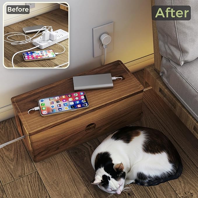 Large Cable Management Box, Acacia Wood Cord Organizer Box with Magnetic Removable Lid, 4 Open Slots Desk Organizer, Hides TV Cables, Computer Wires, USB Hub, Power Strip, and Phone Charger