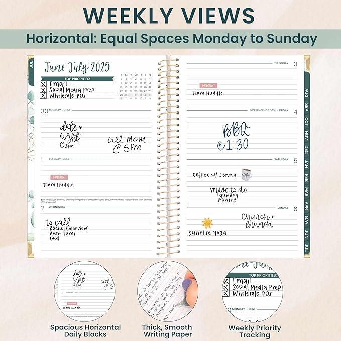 bloom daily planners HARDCOVER 2025-2026 Academic Year Day Planner (July 2025 - July 2026) - A5 Task Goal Organizer - Monthly & Weekly Inspirational Agenda Book - 5.5" x 8.25" - White Eucalyptus