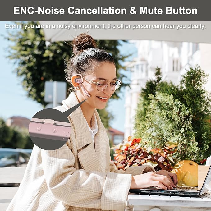 Bluetooth Headphones, LK12 Bluetooth Wireless Headphones with Noise Cancelling Mic, 15.4mm Diaphragm Driver, Open Ear Headset for Meeting Running Cycling (Pink-Louder Volume for Indoor Outdoor)