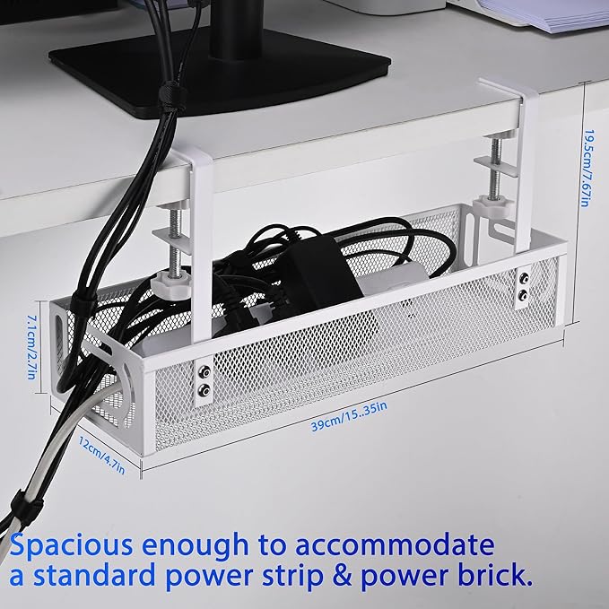 Under Desk Cable Management Tray – No Drill Cord Organizer & Power Strip Holder – Wire Cable Tray for Home Office Desk Setup (L-White)