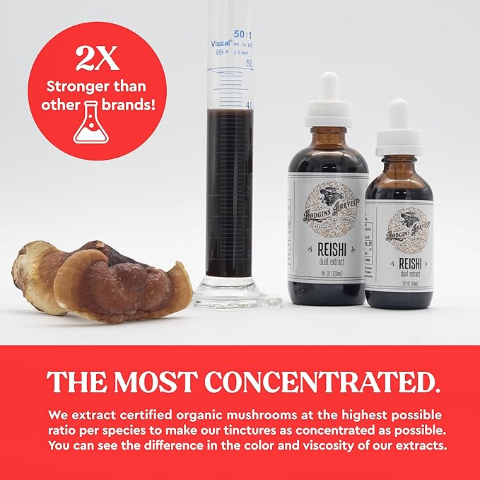 Hodgins Harvest Organic Reishi Mushroom Fruiting Body Extract Tincture - Extra Concentrated Dual Extract Supplement - Supports Heart Health & Wellness - USDA Organic Mushrooms - 2 oz