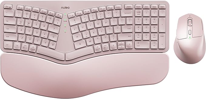 Nulea KM75 Wireless Keyboard and Mouse Combo, Comfortable Natural Typing, Palm Rest, Multi-Device (Bluetooth, 2.4G, Wired), Rechargeable, for Multi-OS, Windows, Mac, Android (Light Pink)