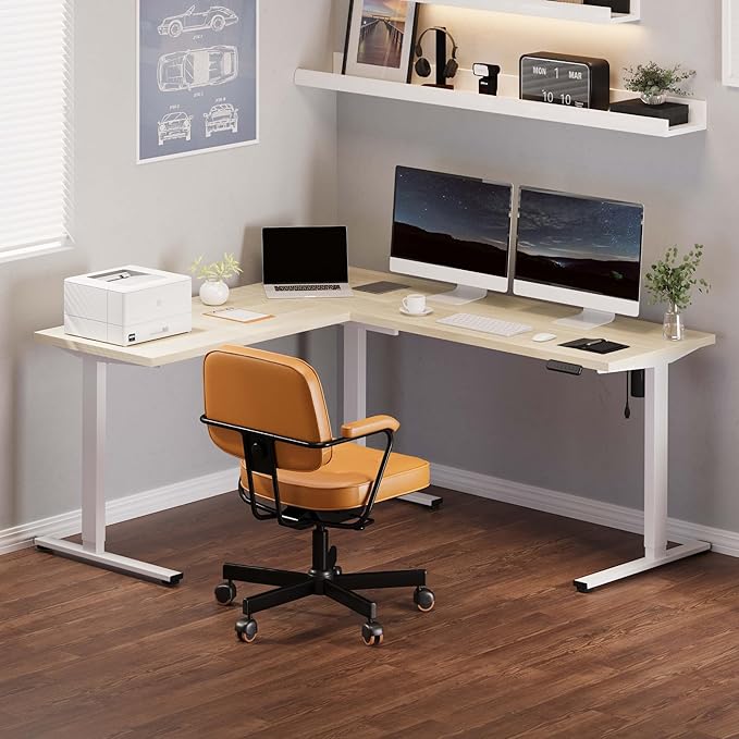 SANODESK L Shaped Standing Desk Adjustable Height, Electric Corner Standing Desk, 71 x 63 inch Sit Stand Computer Table with Splice Board, Maple