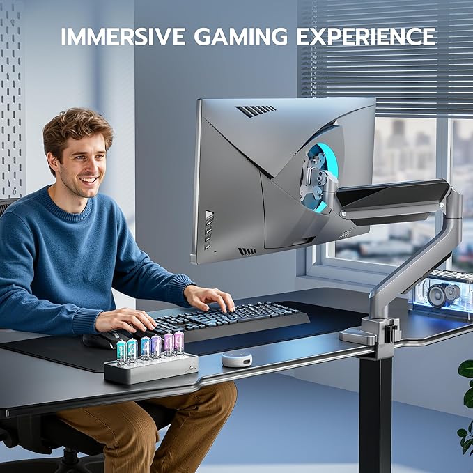 ARES WING Single Monitor Arm, Heavy Duty Adjustable Monitor Arm for 13"-49" Screens with USB, Gas Spring Desk Mount Stand with C Clamp/Grommet Mounting Base up to 40lbs Computer, Gray