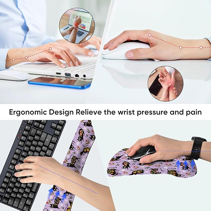 RICHEN Mouse Pad and Keyboard Wrist Rest, 3-in-1 Computer Mousepad and Coaster Set, Non-Slip Keyboard Wrist Rest and Mouse Pad Set Ergonomic Design (Flower Cats)
