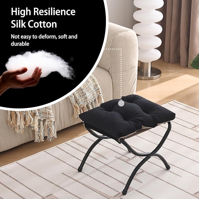 Welnow Folding Foot Stool, Upholstered Small Accent Ottoman with Detachable Thick Cotton Cushion Padded Sofa Stool and Metal Frame for Lazy Chair, Living Room, Bedroom, Black