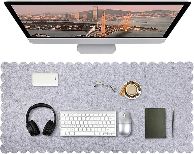Large Felt Desk Mat with Scalloped Edges for Keyboard and Mouse 35 x 16.5 Inch Non Slip Scalloped Computer Desk Pad(Gray)