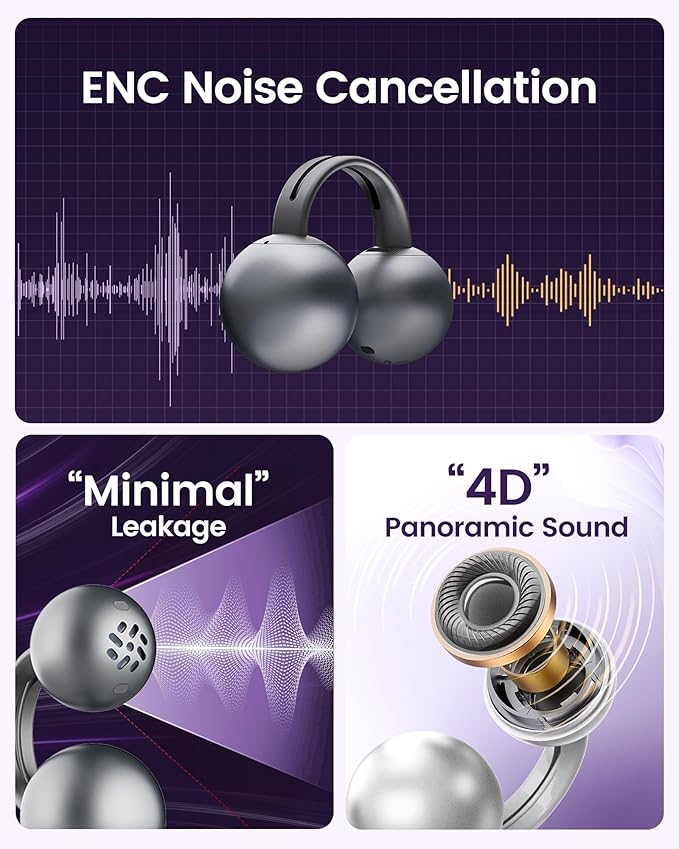 StarClip Open-Ear Wireless Bluetooth Headphones, Clip-On Earbuds, 4D Panoramic Sound, Clear Calls, Lightweight, Secure Fit, IP54 Water-Resistant Ear Grips for Workout and Daily Use, Silver