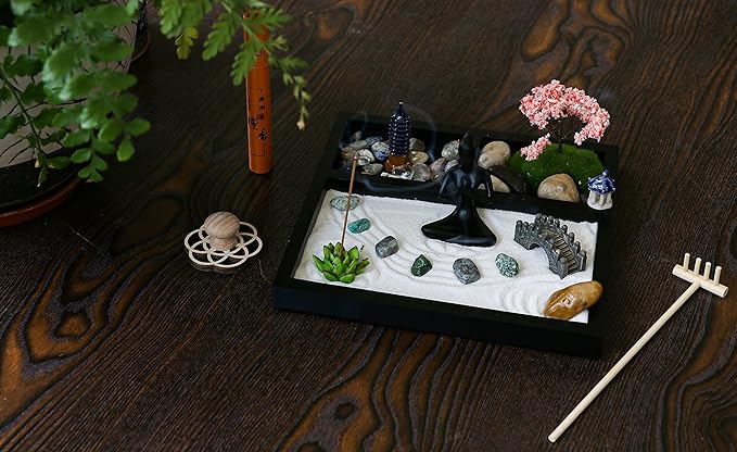 Desktop Meditation Yoga Garden Kit with Japanese Tabletop Rock Sand Chakra Shrine Altar, Home Office Desk Zen Decor, Gifts for Women & Men, Birthday, Includes Rake Tool & Accessories