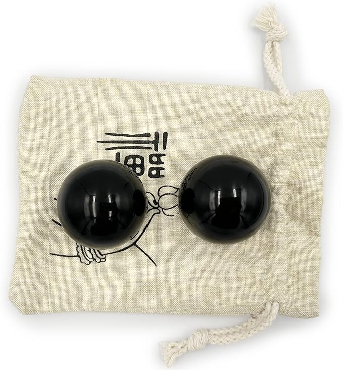 1.9 Inch Natural Jade Black Baoding Ball with Carrying Bag Exercise Massage Balls Health Stress Relieve Hand Exercise Baoding Balls