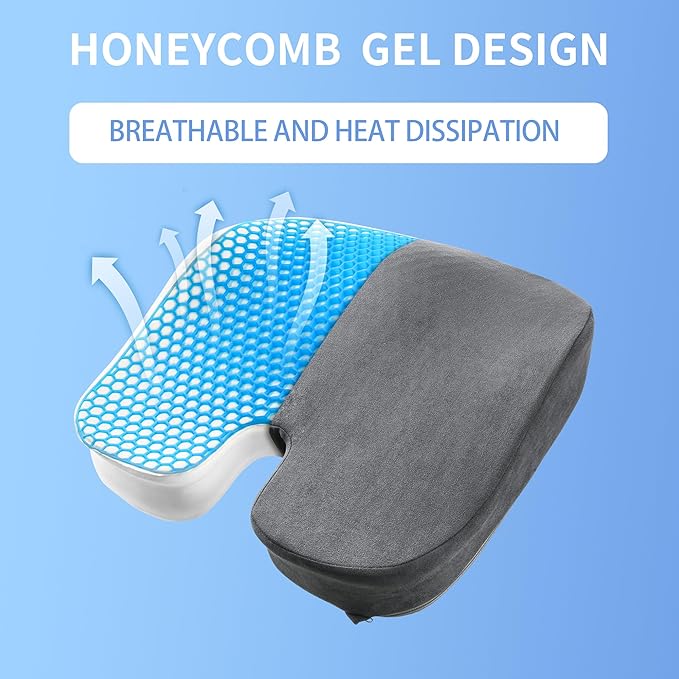 Seat Cushion for Office Chair, Gel & Memory Foam Chair Cushion, Sciatica & Coccyx Pain Relief Cushion for Long Sitting Office Workers, Car Drivers