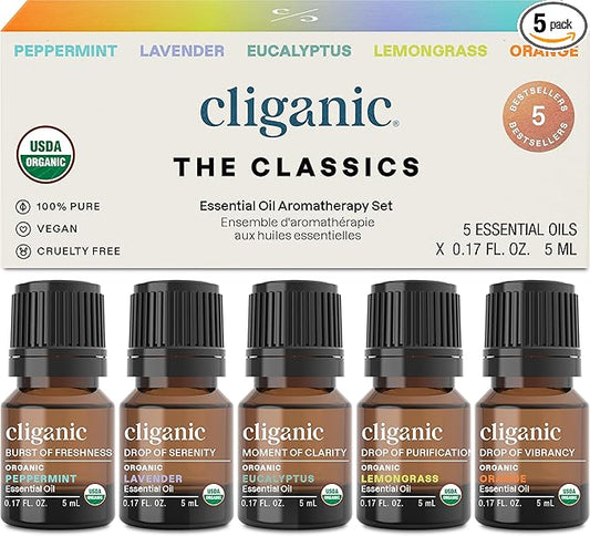 Cliganic Organic Essential Oils Set (Top 5 - The Classics) - 100% Pure Natural - Aromatherapy, Candle Making - Peppermint, Lavender, Eucalyptus, Lemongrass & Orange