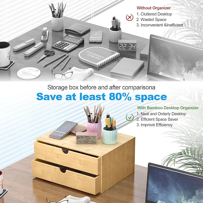 Wisuce Bamboo Desk Drawer Organizer, Large Desktop Organizer with Drawers Tabletop Storage Organization Box for Office Home Toiletries Supplies Vanity, No Assembly Required (2 Drawer)