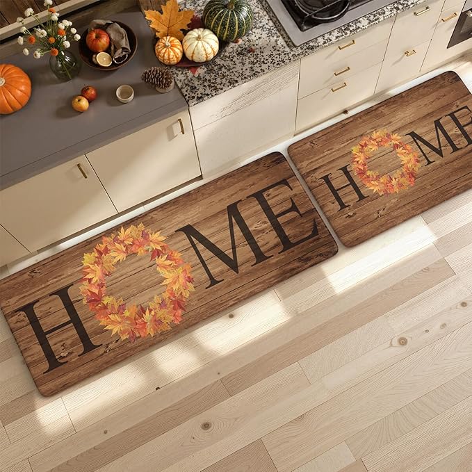 KIMODE Fall Kitchen Mat Anti Fatigue, Farmhouse Maple Leaves Kitchen Rugs Sets of 2, Autumn Cushioned Kitchen Floor Mats, Comfort Kitchen Rugs Non Slip for Floor Sink, Laundry, Desk 17"x47"+17"x29"
