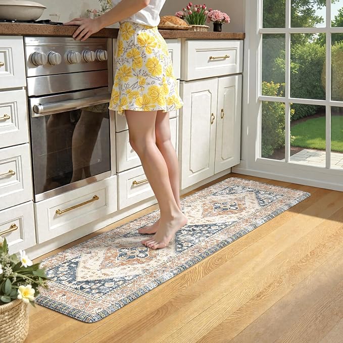 KIMDOE Anti Fatigue Kitchen Mat Kitchen Rugs Non-Skid Waterproof Kitchen Runner Rug Foam Standing Mat for Kitchen Decor,Floors,Laundry,Blue and Gold