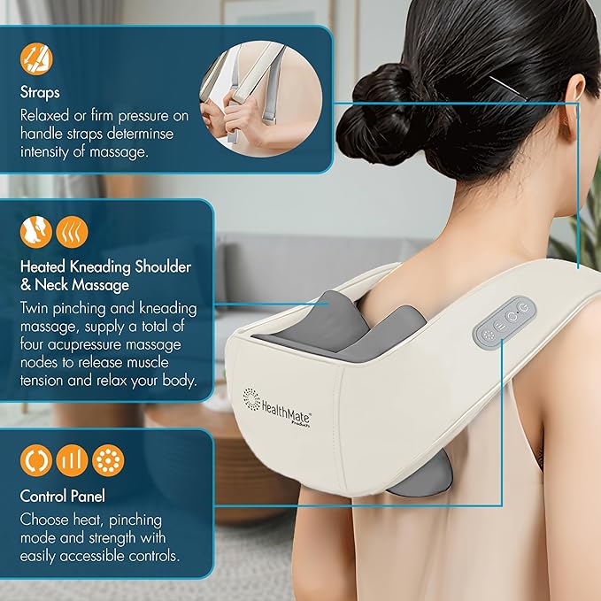 HEALTHMATE IN9532 Kneading Shoulder and Neck Massager for Pain Relief Deep Tissue 6D Shiatsu Neck and Shoulder with Heat Rechargeable Cordless Back Massager for Home, Office, Car Use, Gifts