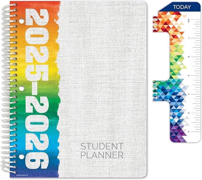 Global Datebooks Dated Middle School or High School Student Planner for Academic Year 2025-2026 Includes Ruler/Bookmark and Planning Stickers (Block Style - 8.5"x11" - Rainbow Linen)