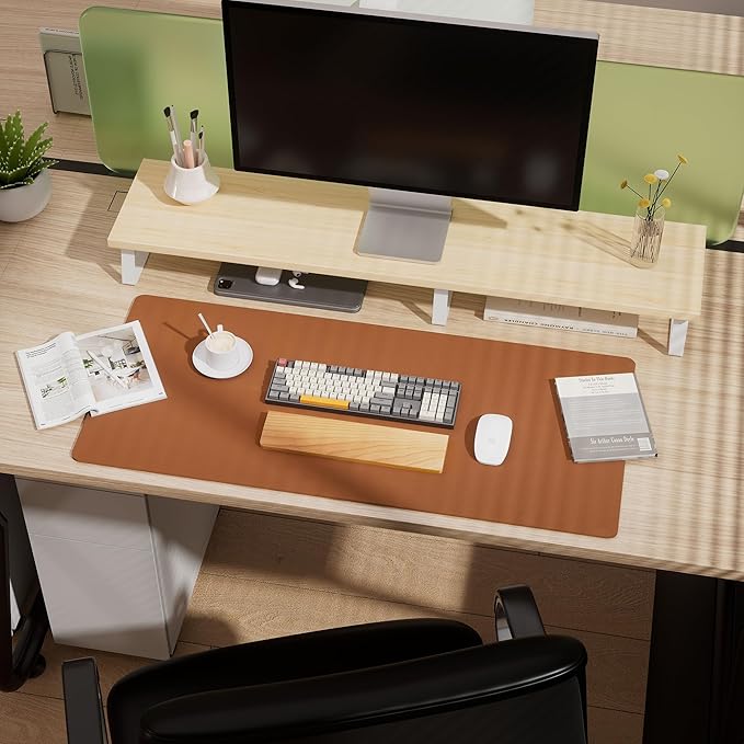 Aothia Double-Sided Desk Pad, 35.4" x 15.7"Leather Desk Mat, Eco Cork Desk Pad Protector,Large Mouse Pad,Waterproof Desk Blotter for Office/Home(Brown)