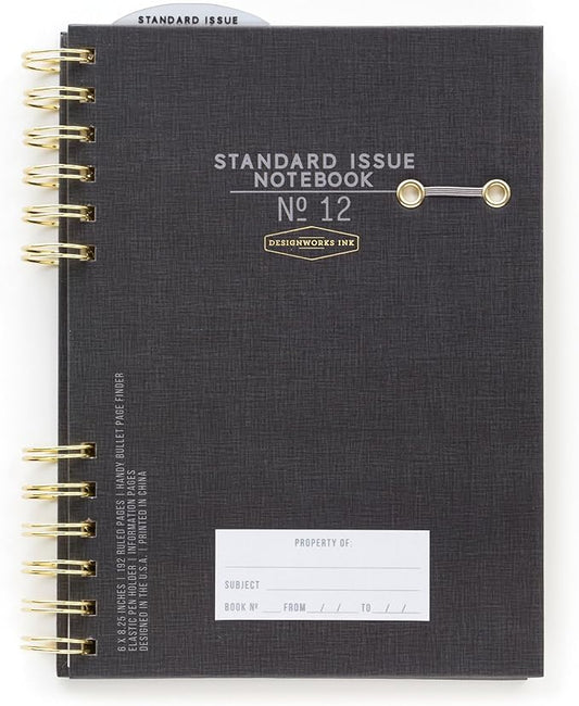 DesignWorks Ink Standard Issue Notebook No. 12 – 6" x 8.25" Undated Daily Planner & Writing Journal, 192 Lined Pages, Elastic Pen Holder, Small Spiral Notebook for Work & Journaling - Black
