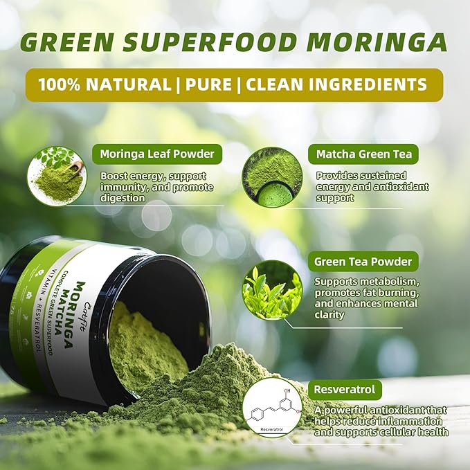 Matcha Powder – Superfood Blend with Moringa & Green Tea & Resveratrol, Energy & Focus Support, Immune & Antioxidant Defense, Vegan, Gluten-Free, 8oz