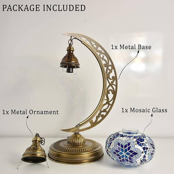 mozaist Moroccan Mosaic Crescent Shape Table Lamp, Turkish Moon Tiffany Style Handmade Desk Dim Light, Farmhouse Living Room Luna Lighting, Unique Turkish Gift with E12 Socket & US Plug (Sea Blue)